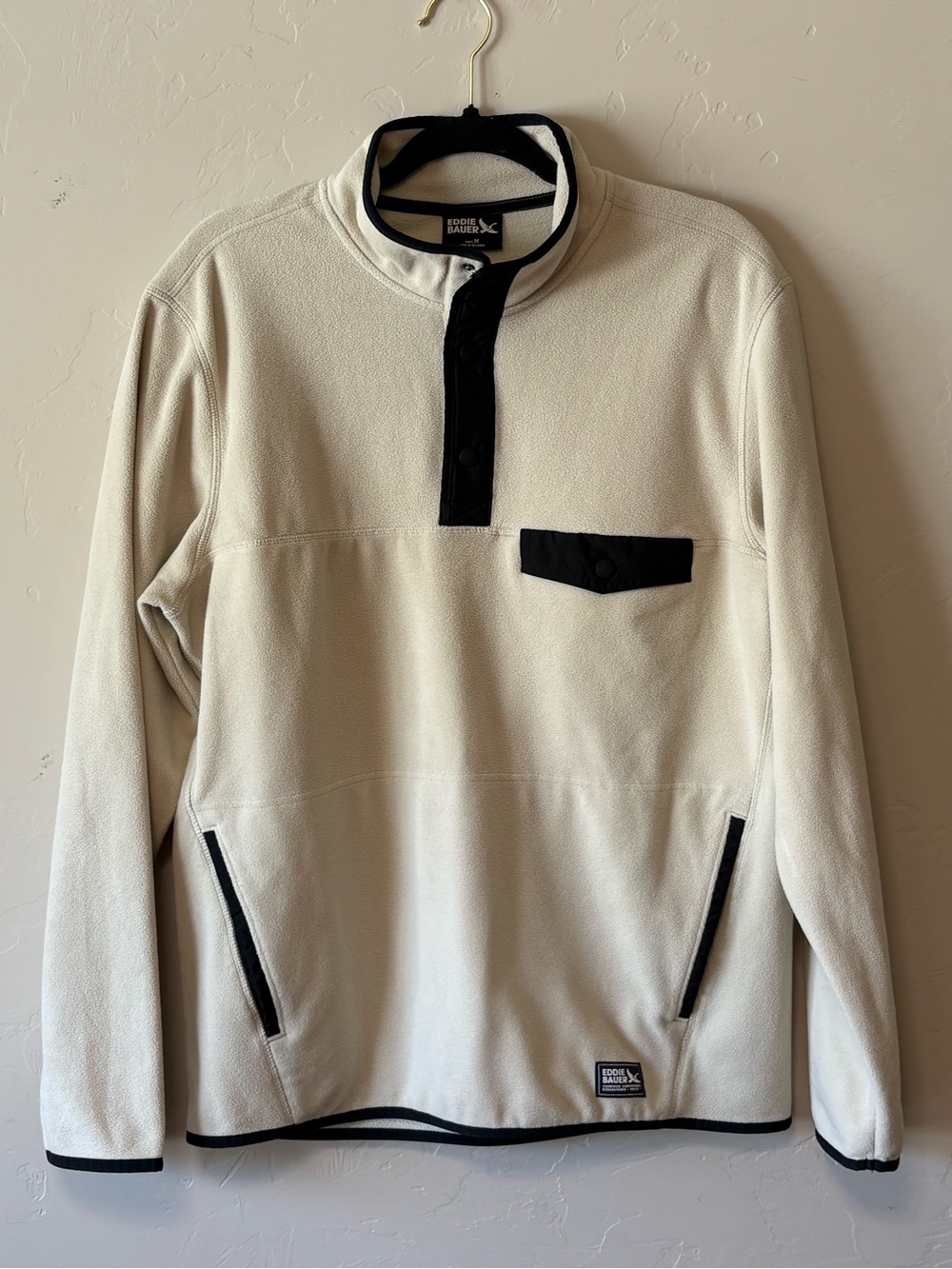 Eddie Bauer Men’s Cream Black Half-Snap Fleece Pullover Medium